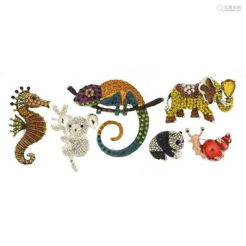 Six jewelled and enamel animal and insect brooches including...