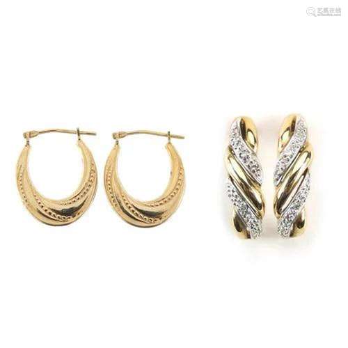 Pair of 9ct gold and diamond half hoop earrings and a pair o...