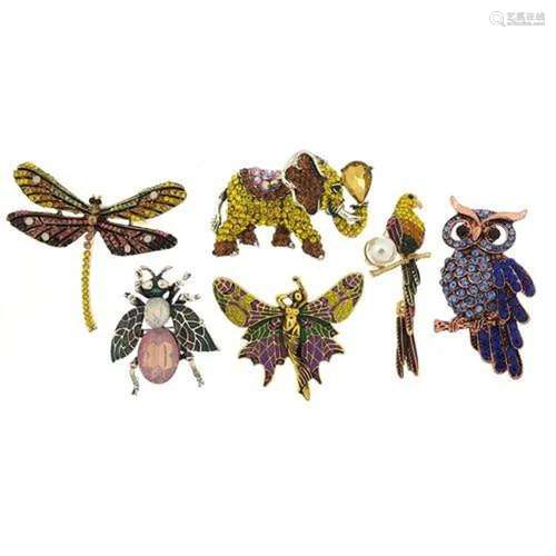 Six jewelled and enamel animal and insect brooches including...