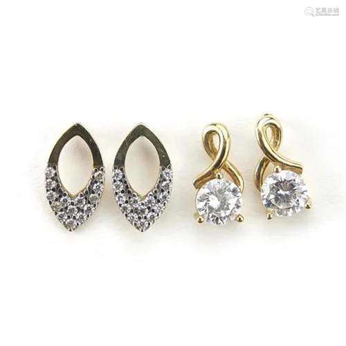 Two pairs of 9ct gold clear stone stud earrings, the largest...