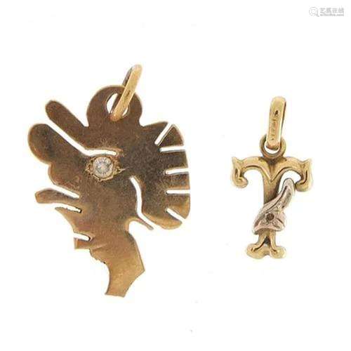 Two gold pendants including 9ct gold initial T, the largest ...