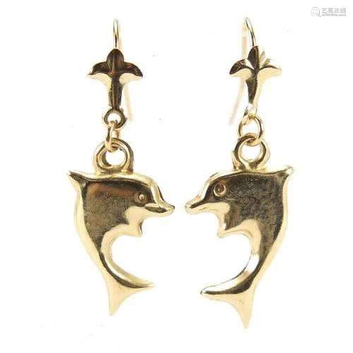 Pair of 9ct gold dolphin drop earrings, 2.4cm high, 0.3g