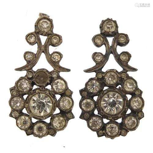 Pair of antique silver clear paste earring drops, 3.5cm high...