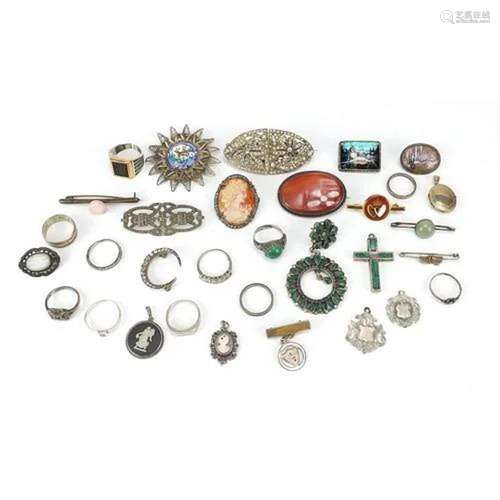 Silver jewellery including a marcasite brooch, clear stone r...