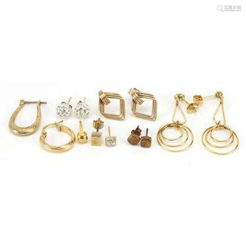 Gold coloured earrings, mostly 9ct gold including a pair of ...