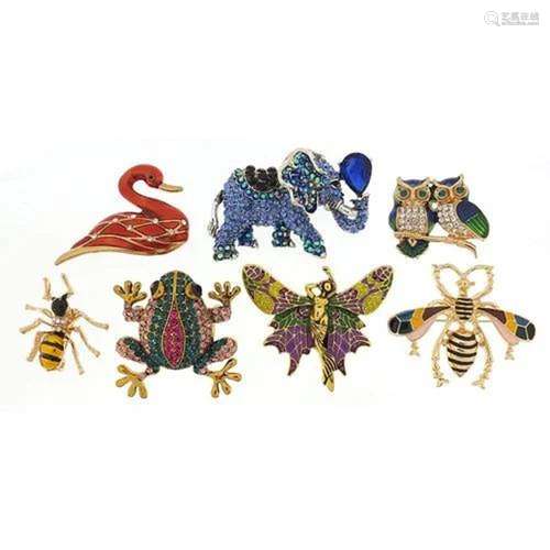 Seven jewelled and enamel animal and insect brooches includi...