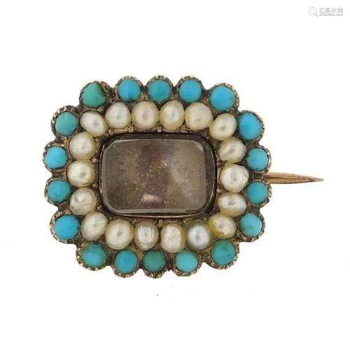 Antique unmarked gold turquoise and pearl mourning brooch, 1...