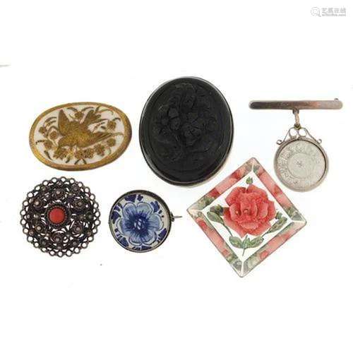 Antique and later jewellery including a jet style brooch and...