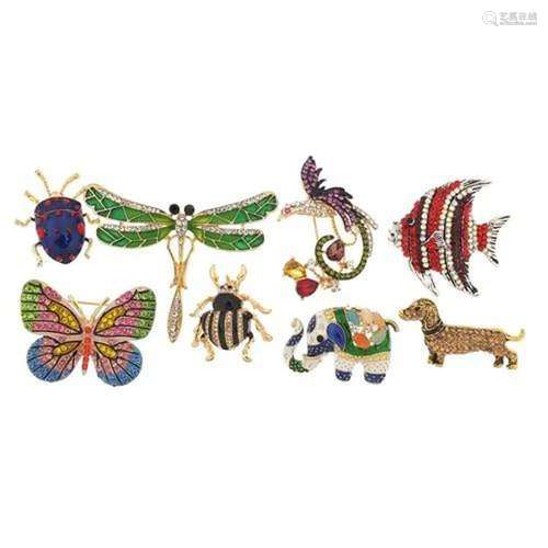 Eight jewelled and enamel animal and insect brooches includi...