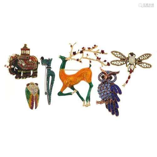 Six jewelled and enamel animal and insect brooches including...