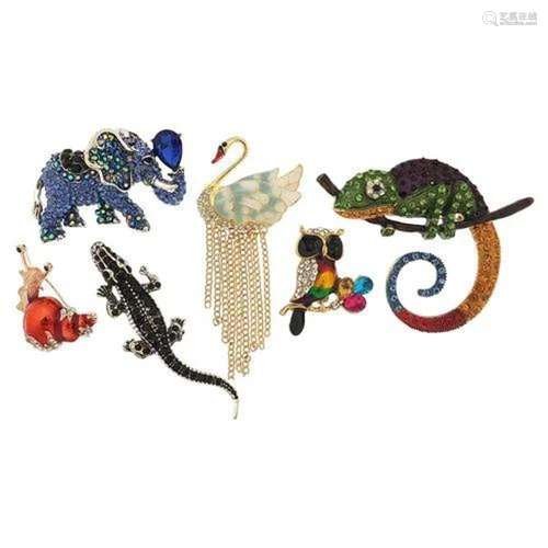 Six jewelled and enamel animal and insect brooches including...