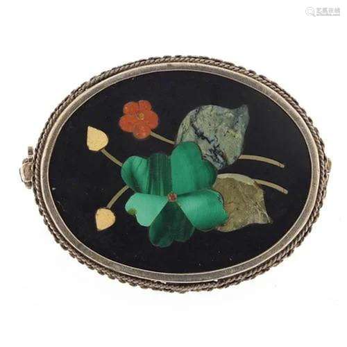 800 silver mounted pietra dura brooch, 3.8cm wide, 10.5g