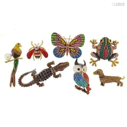 Seven jewelled and enamel animal and insect brooches includi...