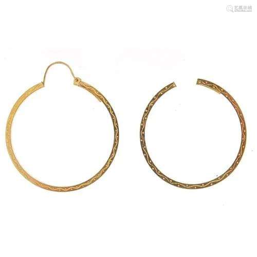 Pair of 9ct gold Gypsy hoop earrings with engraved decoratio...