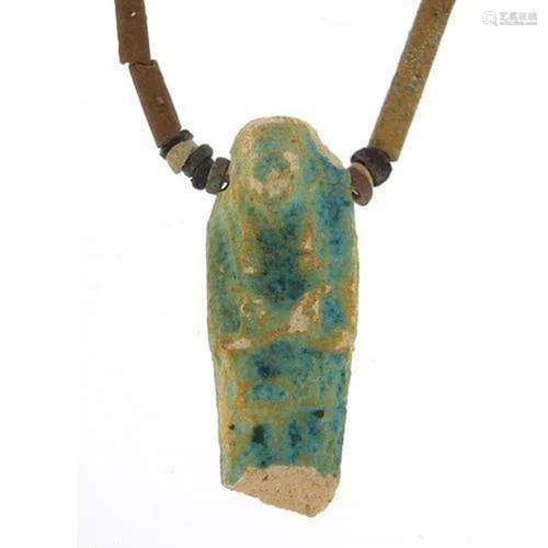 Egyptian faience glazed bead necklace with scarab beetles an...