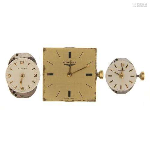 Longines wristwatch movement and two ladies Eterna wristwatc...