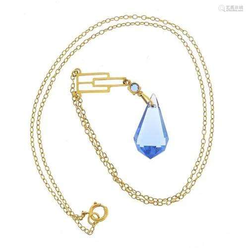 Art Deco 9ct gold blue crystal necklace, 38cm in length, 2.1...