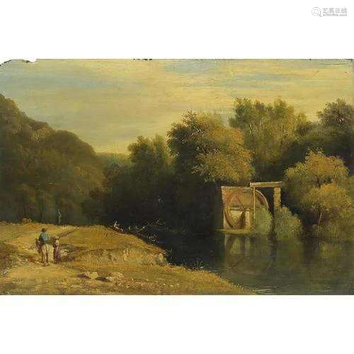 River landscape with figures beside a watermill, 18th/19th c...