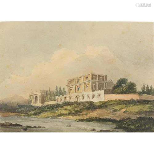 Thomas Girtin - River before a stately home, Georgian waterc...