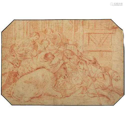 Baby Jesus surrounded by disciples and animals, antique old ...