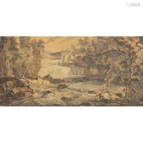 Paul Sandby 1761 - Figures fishing at the bottom of a waterf...