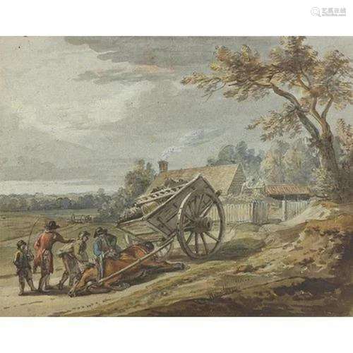 Attributed to Paul Sandby - Figures with fallen horse and ca...