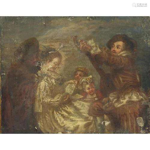 Figures with minstrels playing lutes, antique oil on canvas,...