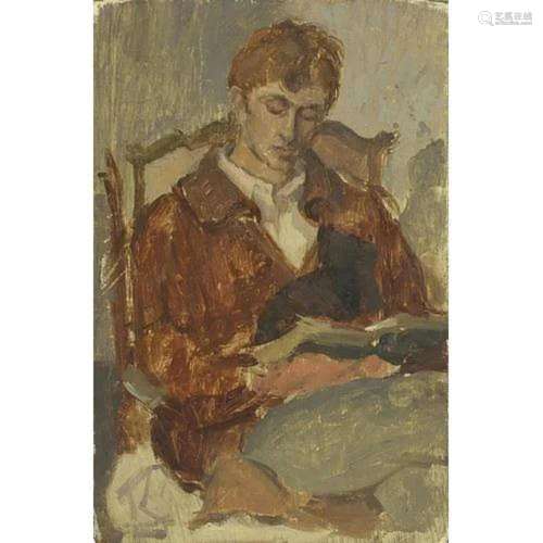 Seated gentleman with a book, modern British oil on wood pan...