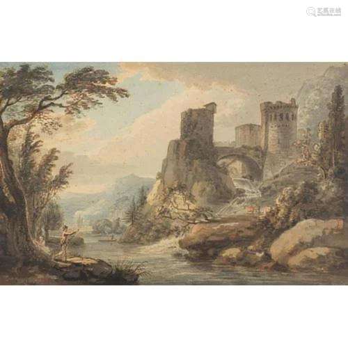 River landscape with a castle and figures, 19th century Ital...