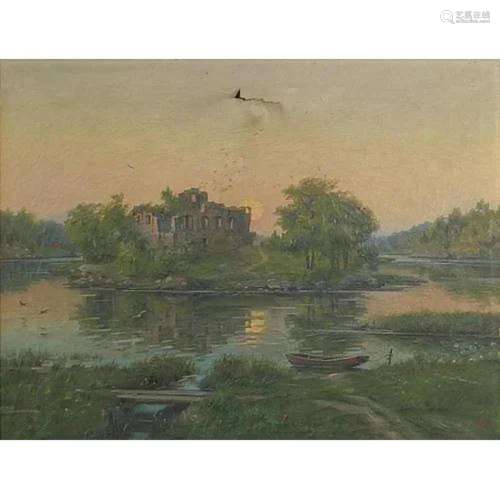 River landscape with ruins, continental oil on canvas, indis...