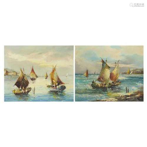 Coastal scenes with boats on water, pair of oil on canvasses...
