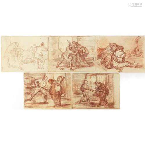 Soldiers and figures, five sanguine chalk drawings on paper,...