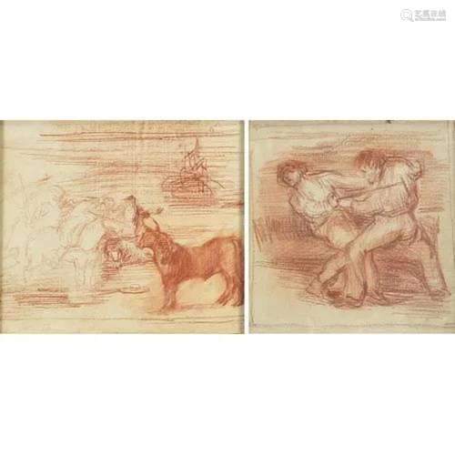 Figures on horseback and figures fighting, two sanguine chal...