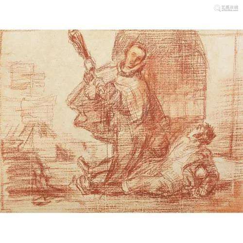 Two figures fighting, sanguine chalk on paper, mounted, unfr...