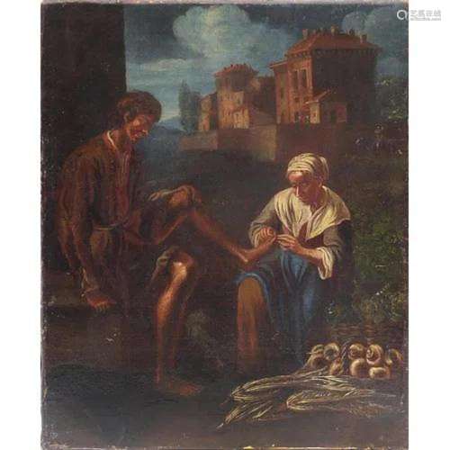 Two figures before buildings, Continental oil on canvas, unf...