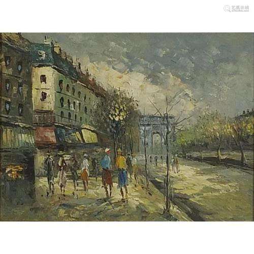 Parisian street scene with figures before the Arc de Triomph...