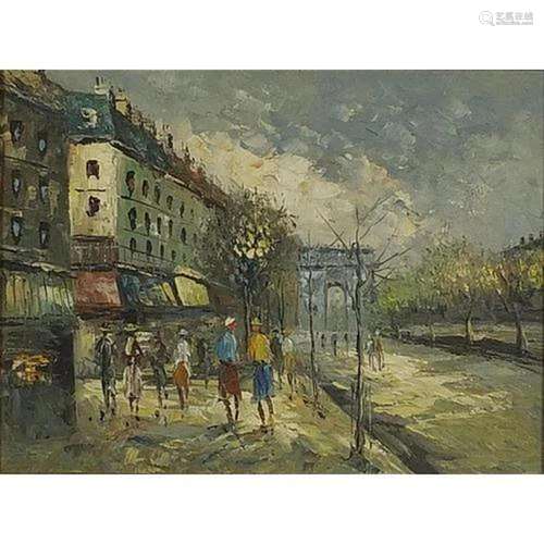 Parisian street scene with figures before the Arc de Triomph...