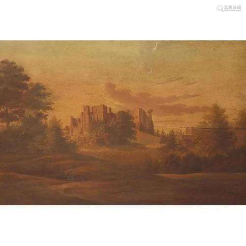 Pastoral landscape with castle ruins and sheep, 19th century...