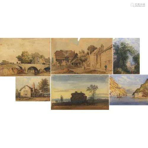 Landscapes, cottages and figures, six 19th century and later...