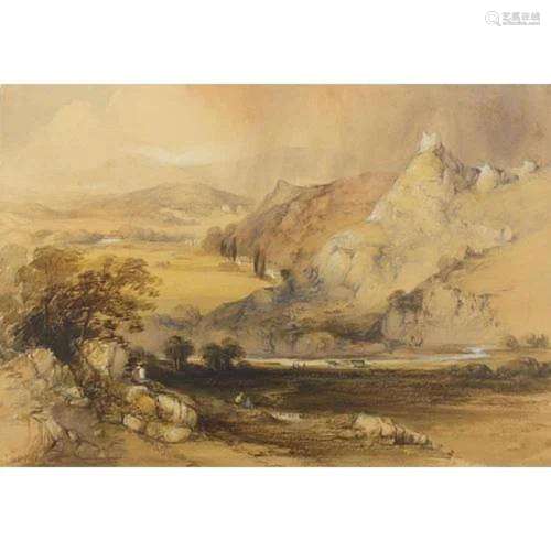 James Baker Pyne - Pastoral landscape with figures and cattl...