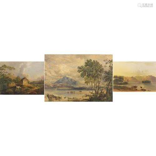 Mountainous landscapes with cattle and ruins, three 19th cen...