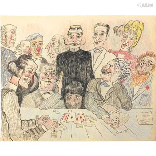 Figures playing cards, pastel on paper, indistinctly signed,...