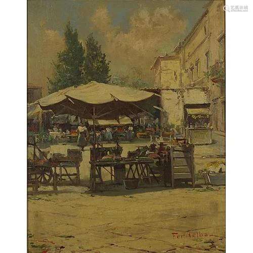 Mario Ferdelba - Continental market scene with figures, oil ...