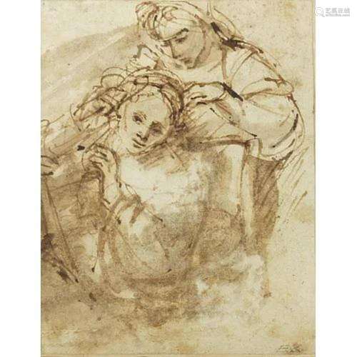 Two females, antique Old Master school ink on paper, signed ...