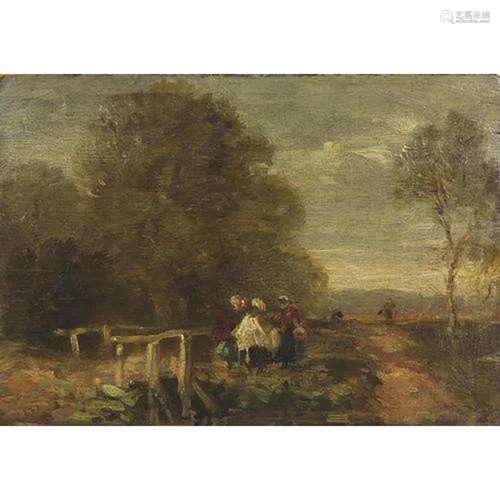 Pastoral landscape with figures beside a bridge, 19th centur...