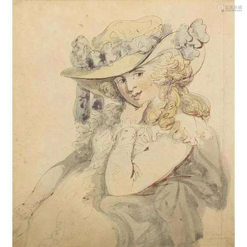 Portrait of a lady wearing a hat, 18th/19th century ink and ...