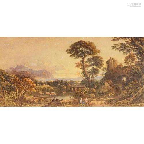 John Varley 1842 - Castle, figures and cattle before water, ...