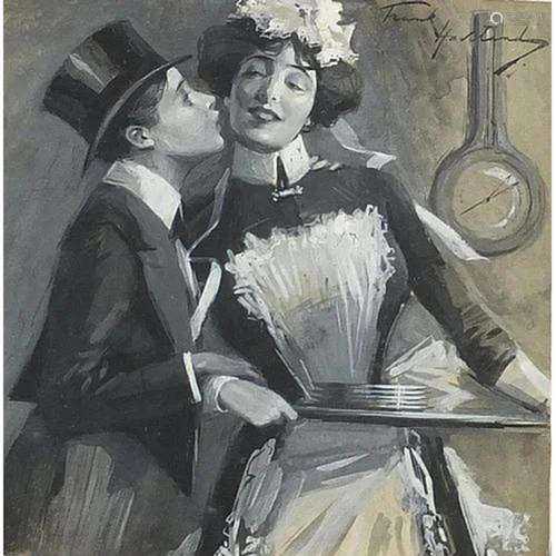 Gentleman wearing a top hat and a waitress, heightened mixed...