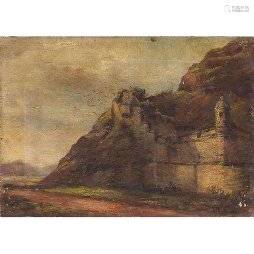 Mountainous landscape with ruined buildings, 19th century oi...