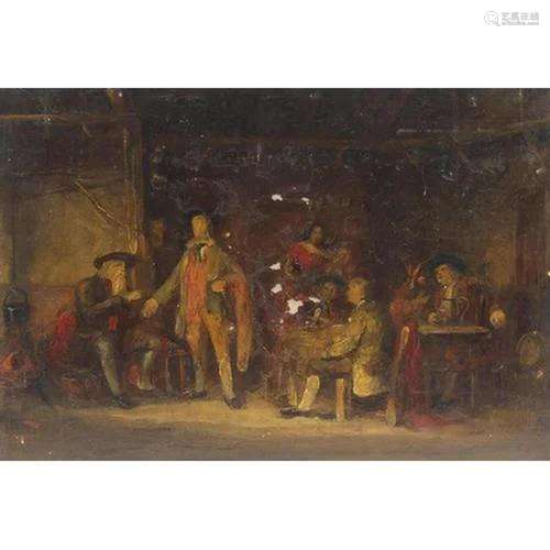 Tavern scene with figures, antique oil on wood panel, chalk ...